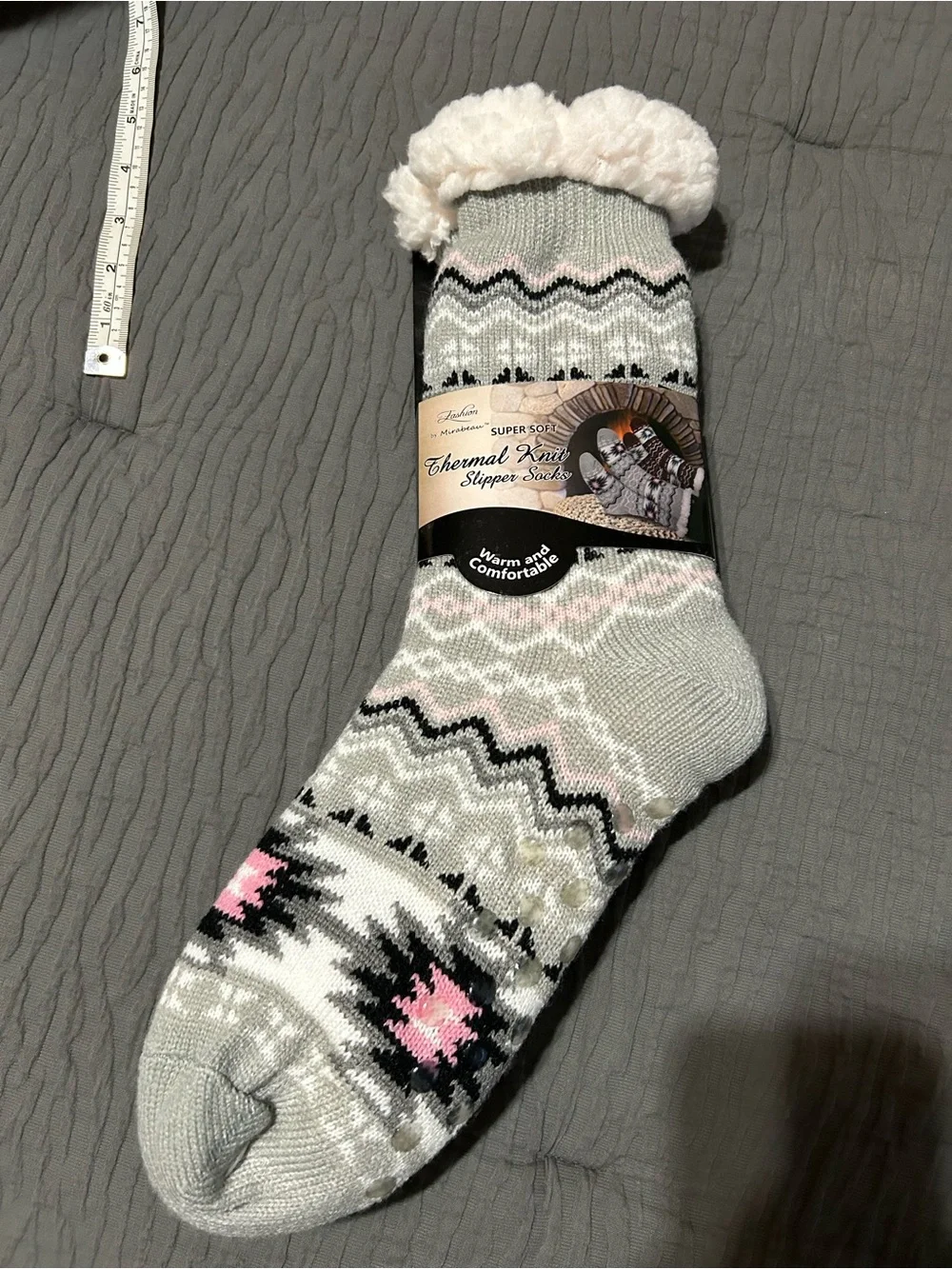Thermal Knit Slipper Socks by - Gray and Pink